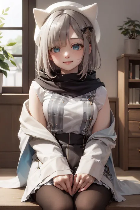 (masterpiece, best quality:1.2), <lora:vspo_sumirekaga-10:1>, solo, 1girl, kaga sumire, virtual youtuber, smile, looking at viewer, sitting, short hair, hair ornament, white headwear, shirt, scarf