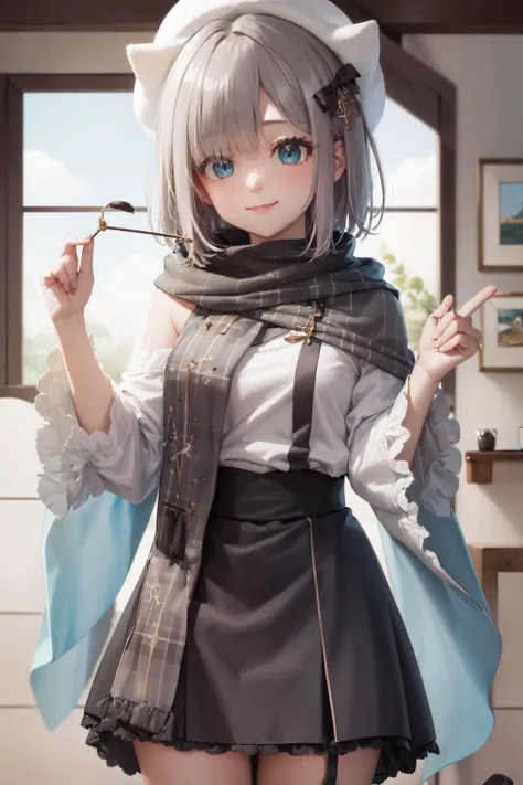 (masterpiece, best quality:1.2), <lora:vspo_sumirekaga-10:1>, cowboy shot, solo, 1girl, kaga sumire, virtual youtuber, smile, closed mouth, looking at viewer, short hair, hair ornament, white headwear, shirt, long sleeves, scarf