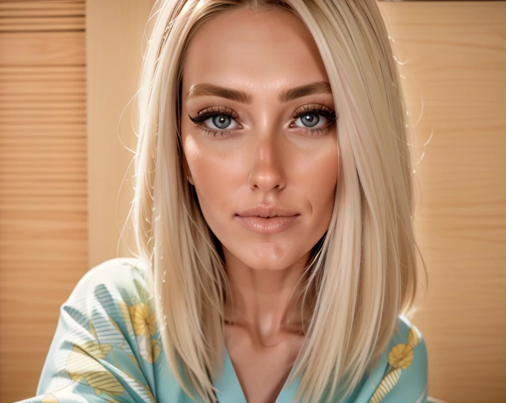 cute woman, blond head, ( close kimono:1.1), look camera, nervous expression, upper body portrait, sitting in a tatami, shot using a Hasselblad 500CM camera, Rule of thirds:1.3, photo in the style of Alessio Albi, epiCPhoto, <lora:MsMilfPeaches_-_SD_Realistic:1>