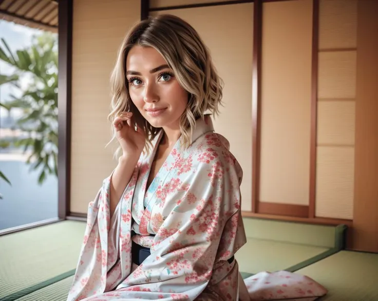 cute woman,( close kimono:1.1), look camera,  nervous expression, upper body portrait, sitting in a tatami,  shot using a Hasselblad 500CM camera, Rule of thirds:1.3, photo in the style of Alessio Albi,  epiCPhoto,  <lora:MsMilfPeaches_-_SD_Realistic:1>