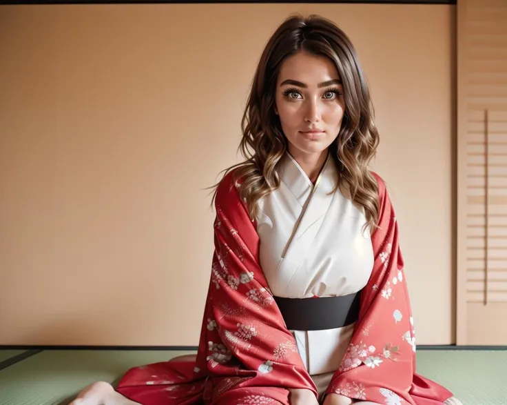 cute woman,( close kimono:1.1), look camera,  nervous expression, upper body portrait, sitting in a tatami,  shot using a Hasselblad 500CM camera, Rule of thirds:1.3, photo in the style of Alessio Albi,  epiCPhoto,  <lora:MsMilfPeaches_-_SD_Realistic:1>