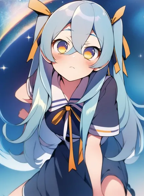 masterpiece,best quality,1girl,twintails,blue hair,yellow eyes,blush,hair ribbon,open mouth,medium hair,light blue hair,orange eyes,bangs,two side up,<lora:LRL-006-000008:0.8>,(cosmic background:1.2),(pallium :1.2),(Kneeling and mimicking a cat's stretch :1),(:| face),