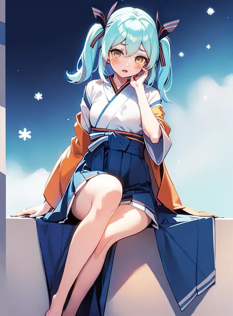 masterpiece,best quality,1girl,twintails,blue hair,yellow eyes,blush,hair ribbon,open mouth,medium hair,light blue hair,orange eyes,bangs,two side up,<lora:LRL-006-000008:0.8>,(winter background:1.2),(hakama short skirt :1.2),(Sitting with legs extended :1),(loving face),