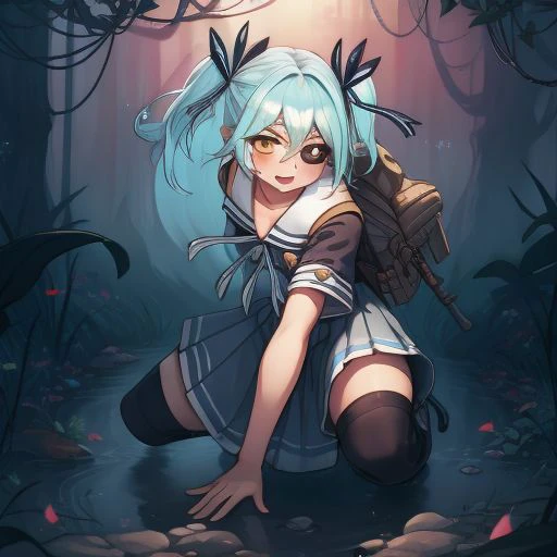 high quality, detailed face, anime, best quality, masterpiece, 4k, 8k, absurd resolution, cinematic lights, intricate detail, detailed hands, detailed eyes, animation, illustration, highly detailed, highres, extremely detailed, detailed background, perfect eyes, perfect face, <lora:neg4all_bdsqlsz_V3.5:1> , atmospheric lighting, looking at viewer, high definition, sharp focus, OverallDetail, 1girl, deep shadow, dimly lit, shade, medium breasts, posing for a picture, edgQuality, Illust-InstaFilter, Earth-QualityPos, Best_QualityPos, BodyPositive, prettify, hotify, animification, <lora:neg_bdsqlsz_V2:1>, pureerosface_v1, <lora:hyperdenoiser_v090:0.6>, <lora:hyperrefiner_v090:0.6>, <lora:LRL-006-000008:1>,1girl, twintails, blue hair, yellow eyes, blush, hair ribbon, medium hair, light blue hair, orange eyes, bangs, two side up, red axe, eyepatch, (full body shot), evil smile, open mouth, serafuku, striped legwear, (long skirt:1.3), <lora:smirkingmouth_v100:1>, <lora:smirkingeye_v100:1>, blue school uniform,