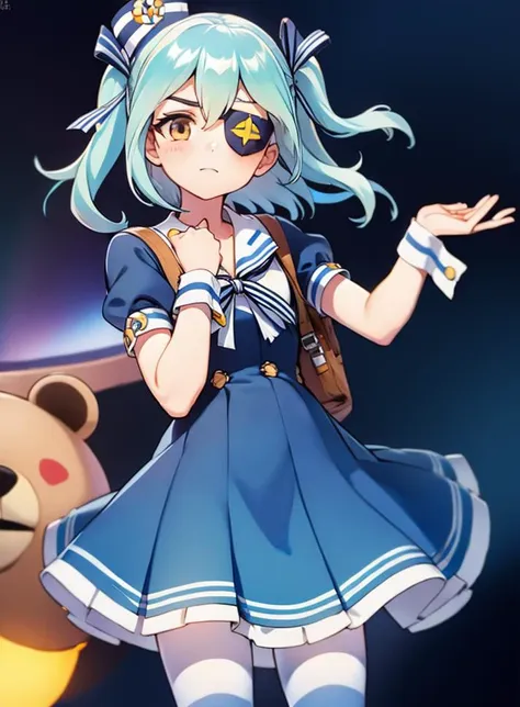 masterpiece,best quality,1girl,twintails,blue hair,yellow eyes,blush,hair ribbon,medium hair,light blue hair,orange eyes,bangs,two side up,<lora:LRL-006-000008:0.8>, dress, sailor dress, eyepatch, hat, two side up, looking at viewer, ribbon, teddy bear, blue dress, wrist cuffs, striped pantyhose, dixie cup hat, bag, sailor collar, short sleeves, sailor,