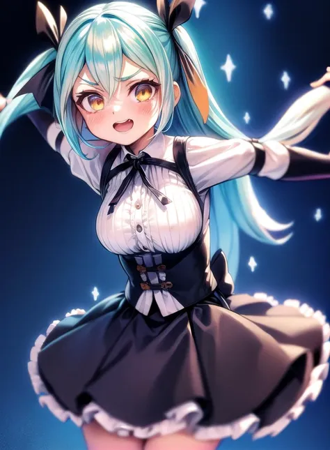 masterpiece,best quality,1girl,twintails,blue hair,yellow eyes,blush,hair ribbon,open mouth,medium hair,light blue hair,orange eyes,bangs,two side up,<lora:LRL-006-000008:0.8>,(gothic background:1.2),(kittel :1.2),(Jumping with arms to the side :1),(excited face),<lora:2more_details:0.5>,