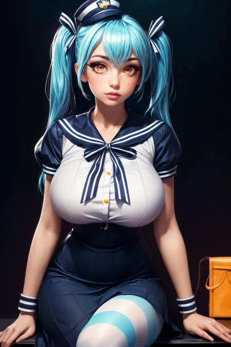 (ultra realistic,32k,RAW photo:1.1),(high detailed skin:1.1), 8k uhd, dslr, high quality, film grain, (makeup, mascara:1.1), lips,(thick\lips\),
(shiny glossy translucent clothing:1.1), <lora:LRL-006:0.5>1girl,twintails,blue hair,(yellow eyes:0.8),blush,hair ribbon,medium hair,light blue hair,orange eyes,bangs,two side up, dress, sailor dress, hat, two side up, looking at viewer, ribbon, blue dress, wrist cuffs, striped pantyhose, dixie cup hat, bag, sailor collar, short sleeves, sailor, bow,, <lora:add_detail:0.86>, huge breast, (upper body:1.1),
Sitting with one hand on the cheek,
(busty:1.1) , (chubby:0.1),(neon light:1.2), <lora:LowRA:0.4>, dark theme neuro-enhancement academy, cognitive training, neural optimization, unlocking human potential
