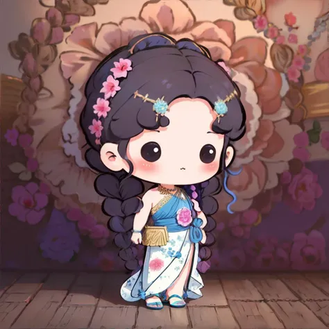 <lora:chibiavatar:0.7> chibi avatar, woman with Peony Braided Chignon with Hair Chain, wearing Boho-Chic Glam: Flowy maxi dress, statement necklace, and wedges., masterpiece, 8k, high resolution, shallow depth of field, sharp focus