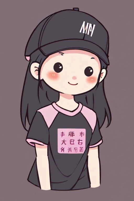 chibi avatar, 1girl, solo, long hair, looking at viewer, blush, smile, simple background, shirt, black hair, hat, white background, holding, upper body, short sleeves, food, chibi, black eyes, t-shirt, candy, clothes writing, baseball cap, pink headwear, raglan sleeves,
 <lora:chibi_avatar_v1:0.7>