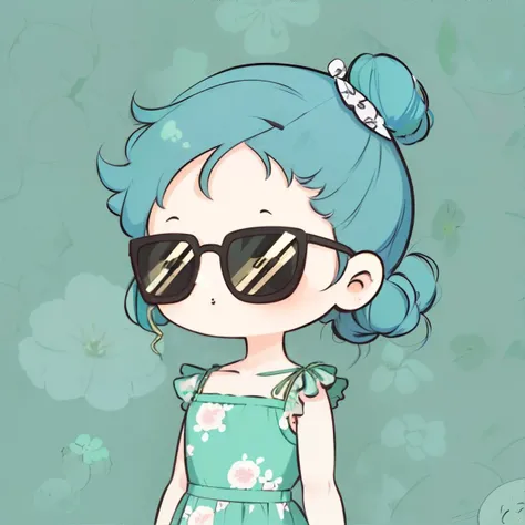 <lora:chibiavatar:0.7> chibi avatar, woman with Celadon Messy Side Bun with Floral Hairpin, wearing Casual Vintage: A-line dress, cat-eye sunglasses, and retro pumps., masterpiece, 8k, high resolution, shallow depth of field, sharp focus