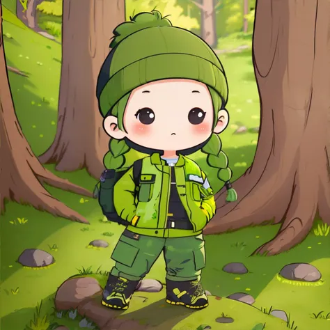 <lora:chibiavatar:0.7> chibi avatar, woman with Chartreuse Double French Braids, wearing Adventure Traveler: Cargo pants, utility jacket, and hiking boots., masterpiece, 8k, high resolution, shallow depth of field, sharp focus