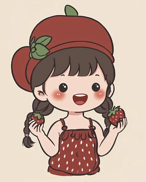 chibi avatar, 1girl, solo, long hair, smile, open mouth, bangs, simple background, brown hair, hat, white background, holding, twintails, upper body, braid, food, teeth, chibi,  black eyes, twin braids, fruit, upper teeth only,  red headwear, cropped torso, strawberry, holding fruit
 <lora:chibi_avatar_v1:0.7>