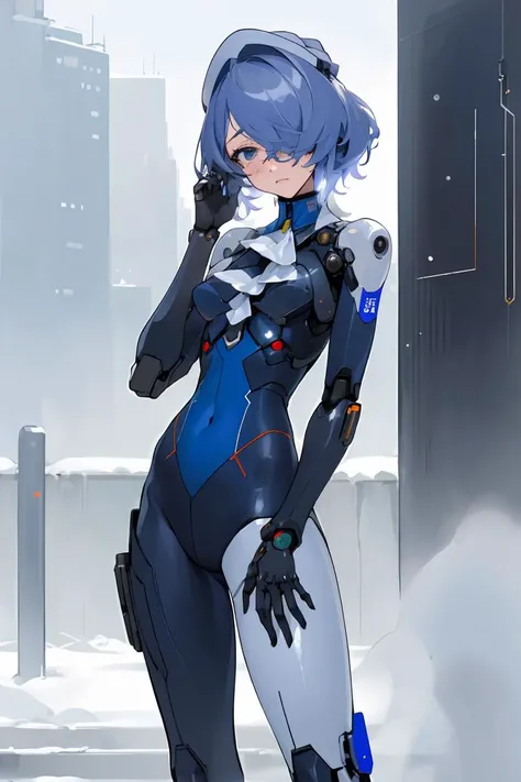 ((masterpiece)),((best quality)),shy, 1girl, solo, standing, cowboy shot,
garrison cap, bodysuit, plugsuit, science fiction, mechanical arms, mechanical legs, cyborg, android, cybernetic parts, high heels, white collar, blue ascot,
(headw), (hair over one eye),
cinematic angles, depth of field,
city, skyscrapers, winter, snow, <lora:whisperain_whispercold+original outfit+headw+hair over one eye:0.8:MIDD>