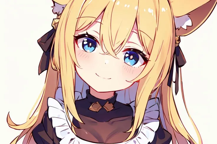 ultra detailed, masterpiece, best quality,
solo, soft smile, light smile, blue theme, portrait, face focus, head tilt, 
1girl, blue eyes, very long hair, blonde hair, long blonde hair, french braid, bangs, medium breasts,
hair ribbon, frilled choker, criss-cross halter, sleeveless dress, high-waist skirt, backless dress, waist bow, detached sleeves, frilled sleeves, wide sleeves, pantyhose, patterned legwear, mary janes, <lora:No_Human_Ears__Kemonomimi:1> floppy ears, cat ears, dog ears, cow ears, bunny ears