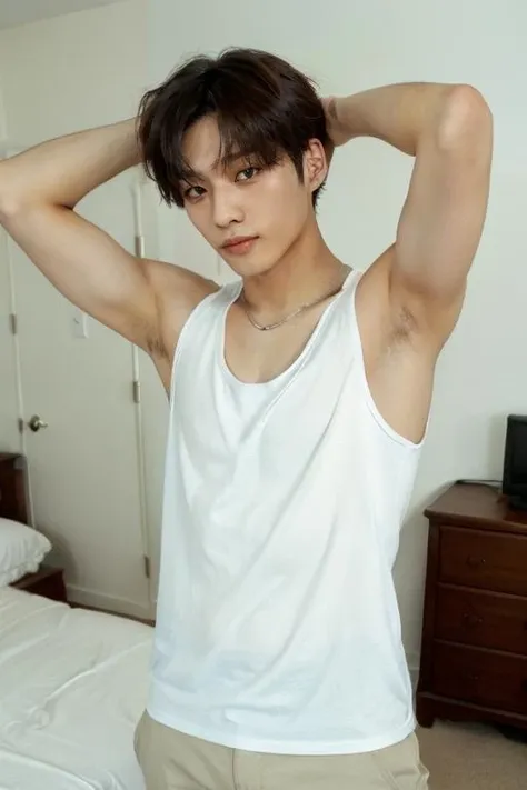 <lora:keehop1:0.65> keehop1 wearing a white vest top, hand behind head, bedroom, taken on a film camera