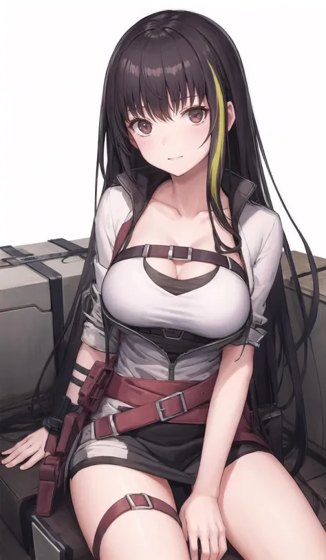 outfit-blaze, 1girl, solo, breasts,streaked hair, sitting,looking at viewer, large breasts<lora:outfit-blazev2-pynoise:1> <lora:char-m4a1-s:1>