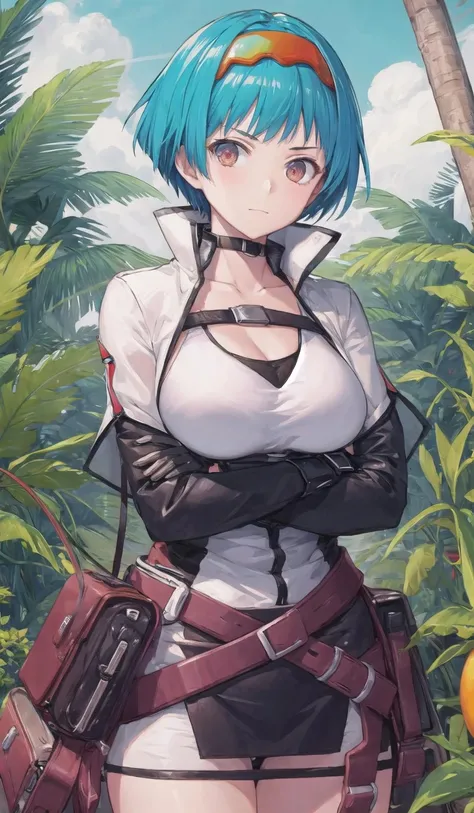 outfit-blaze, 1girl, solo, breasts, arms crossed,goggles,short hair,looking at viewer, large breasts,coconut tree, <lora:outfit-blazev2-pynoise-000007:1> <lora:char-zasm21:1>