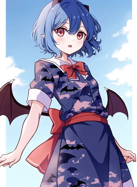 masterpiece, jungl, ufufu, bat wings, blue hair, (military uniform), camo, red eyes, ribbon, sash, short hair, short sleeves, wings,<lora:kameremi3:0.6>