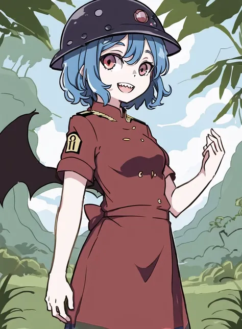 masterpiece, jungle, vietnam, usmc, yandere, teeth, smile, bat wings, blue hair, helmet, (military uniform:1.2), green camo, red eyes, short hair, short sleeves, wings,<lora:kameremi3:0.45>