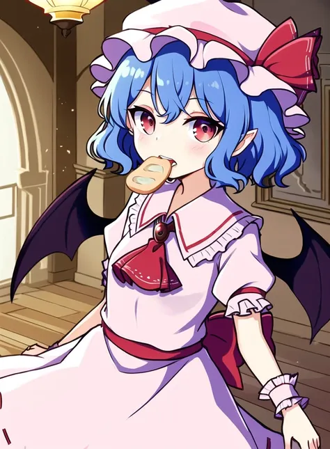 masterpiece, ascot, bat wings, in ornate room, in mansion, eating bread, open mouth teeth, blue hair, dress, frills, hat, hat ri...