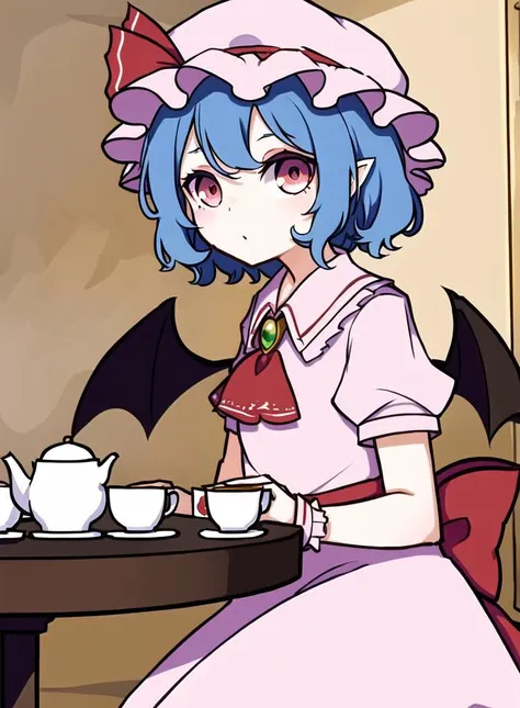 masterpiece, ascot, bat wings, in ornate room, in mansion, tea set, table,  blue hair, dress, frills, hat, hat ribbon, mob cap, pink dress, puffy sleeves, red ascot, red eyes, red sash, remilia scarlet, ribbon, sash, short hair, short sleeves, white dress, wings, wrist cuffs,<lora:kameremi3:0.2>