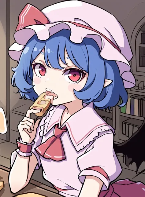 masterpiece, ascot, bat wings, in ornate room, in mansion, eating bread, open mouth teeth, blue hair, dress, frills, hat, hat ribbon, mob cap, pink dress, puffy sleeves, red ascot, red eyes, red sash, remilia scarlet, ribbon, sash, short hair, short sleeves, white dress, wings, wrist cuffs,<lora:kameremi3:0.2>