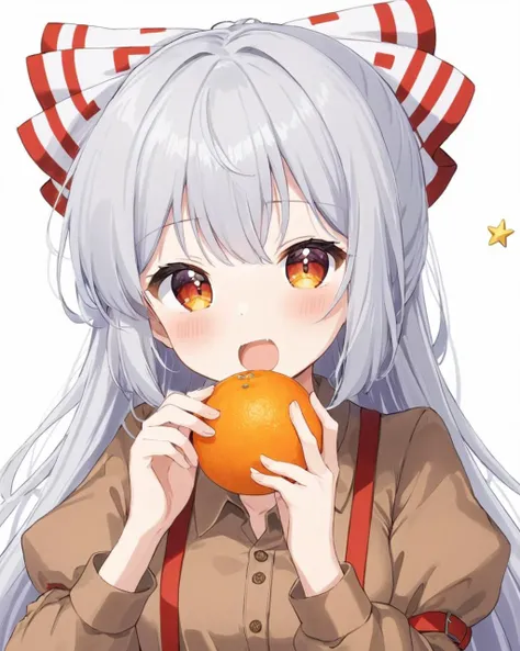 fujiwara no mokou,1girl, open_mouth, solo, hair_bow, long_sleeves, suspenders, collared_shirt, holding_fruit, eating, blush, white_bow, upper_body, looking_at_viewer, buttons, hime_cut, red_bow, upper_teeth_only, brown_shirt, grey_shirt, white_background, puffy_sleeves, multicolored_bow, mandarin_orange, signature
<lora:fujiwara_no_mokou_image4672_2023-12-14-000008:1>,star-shaped_pupils,symbol-shaped_pupils,. gorgeous,key visual, vibrant, studio anime,award-winning, professional, highly detailed,high budget, cinemascope