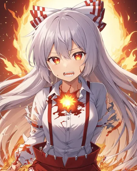 fujiwara no mokou,1girl, solo, suspenders, hair_bow, white_shirt, long_sleeves, upper_body, fire, teeth, white_bow, biting, collared_shirt, torn_clothes, buttons, injury, looking_at_viewer, blood_on_face, red_pants
<lora:fujiwara_no_mokou_image4672_2023-12-14-000008:1>,star-shaped_pupils,symbol-shaped_pupils,. gorgeous,key visual, vibrant, studio anime,award-winning, professional, highly detailed,high budget, cinemascope