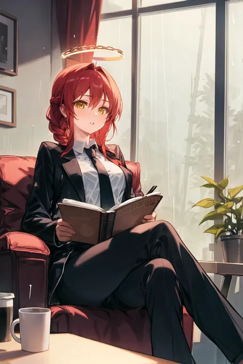 <lora:trnyteal:1>trnyteal, 1girl, chain, necktie, solo, cup, sitting, pants, braid, shirt, holding, halo, suit, rain, formal, book, breasts, pen, plant, window, jacket, bangs, mug, chair, sidelocks, indoors, black necktie, black pants, braided ponytail, white shirt, yellow eyes, collared shirt, holding pen, crossed legs, red hair, medium breasts, ringed eyes, long sleeves, holding cigarette, parted lips, black jacket