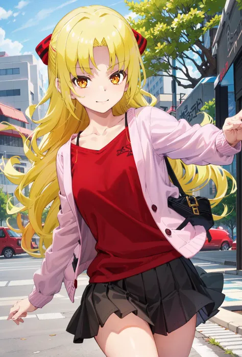 1girl, solo, chitose, looking at viewer, park background, black skirt, red shirt, pink cardigan, miniskirt, <lora:chitose-000003:0.8>, happy, closed mouth,