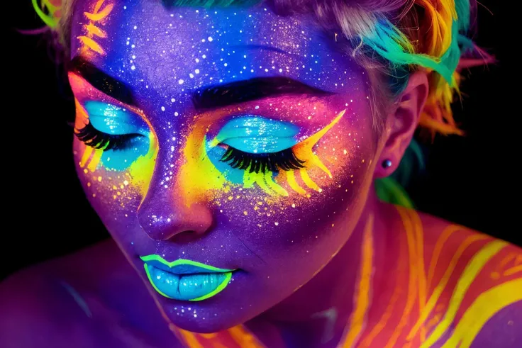 <lora:Blacklight:0.5> blacklight painted on a girls face, closeup