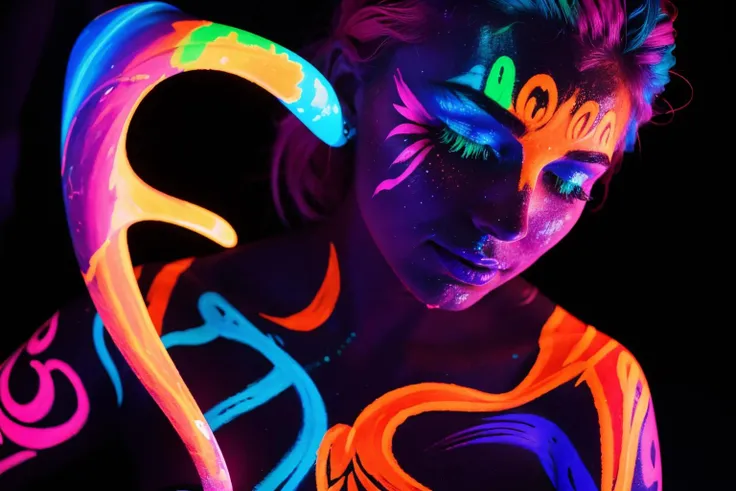 <lora:Blacklight:0.5> blacklight painted on a girl in the dark