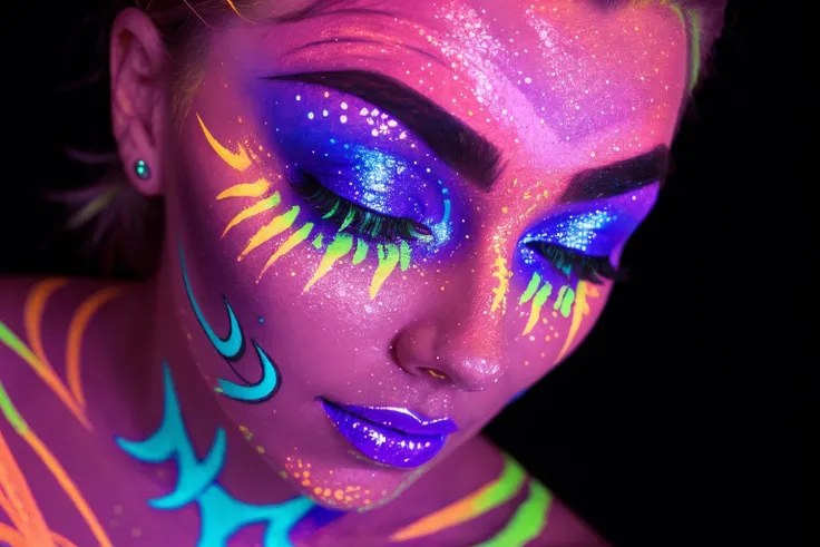 <lora:Blacklight:0.5> blacklight painted on a girls face, closeup