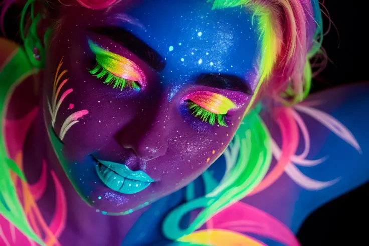 <lora:Blacklight:0.5> blacklight painted on a girls face, closeup