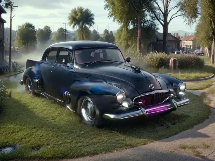cinematic film still front view of a car parked in the city, feminine curves on the vehicle,old Studebaker style, cyberpunk, noir, 1940s mad-neon-noir, masterpiece, best quality, ultra high res, (photorealistic, realistic:1.2), deep shadow, raw photo, film grain, Fujifilm XT3, 8k uhd, dslr ral-carbonfiber , shallow depth of field, vignette, highly detailed, high budget Hollywood film, cinemascope, moody, epic, gorgeous,