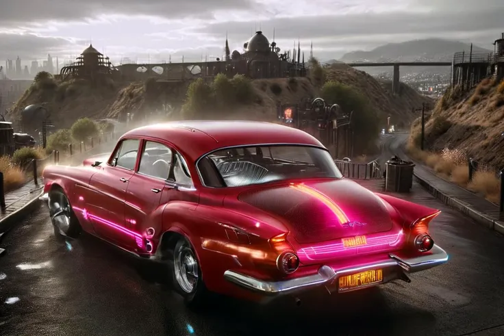 cinematic film still front view of a car parked in the city, feminine curves on the vehicle,old Studebaker style, cyberpunk, noir, 1940s mad-neon-noir, masterpiece, best quality, ultra high res, (photorealistic, realistic:1.2), deep shadow, raw photo, film grain, Fujifilm XT3, 8k uhd, dslr ral-carbonfiber , shallow depth of field, vignette, highly detailed, high budget Hollywood film, cinemascope, moody, epic, gorgeous,