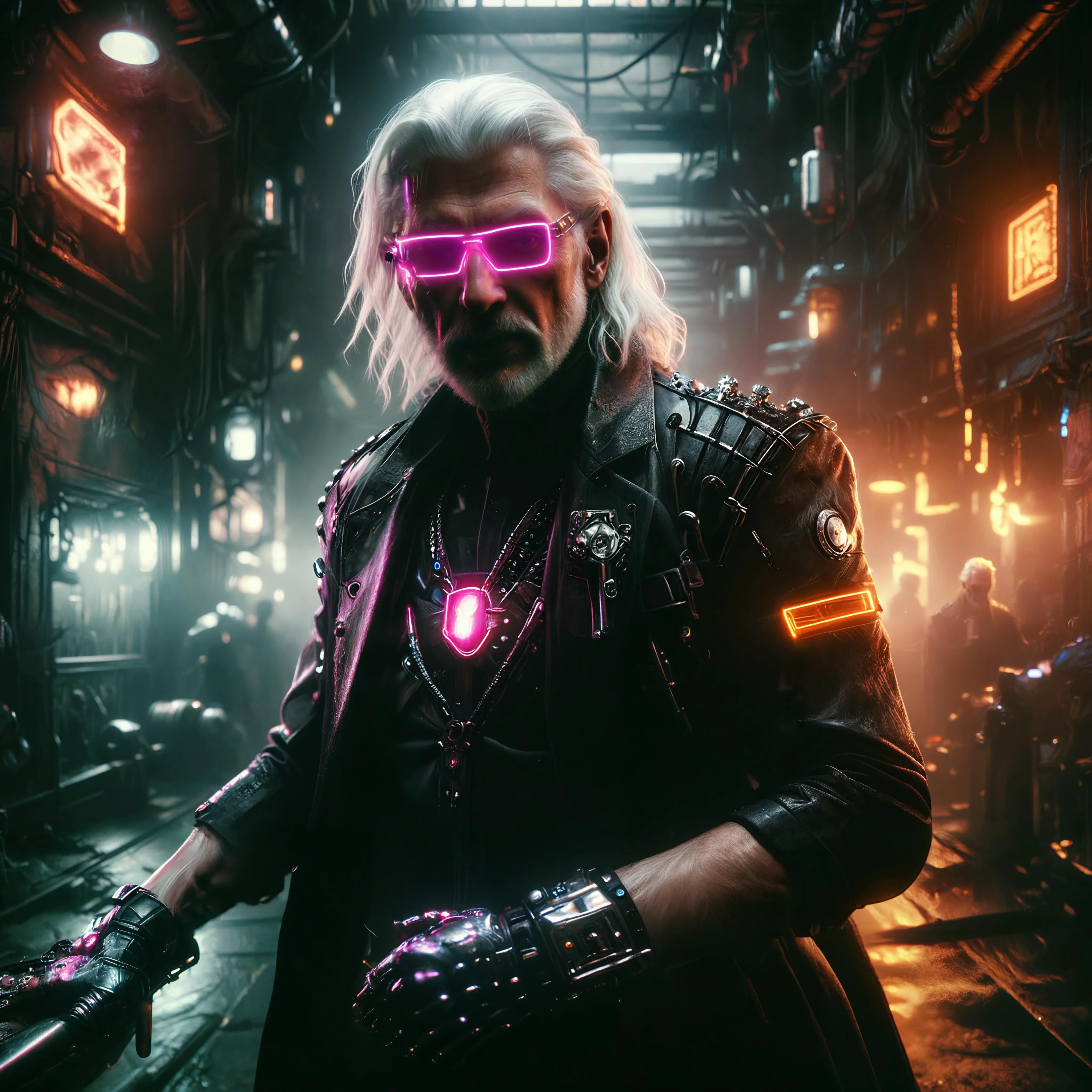 <lora:Neon_Noir_SDXL:1.2> mad-neon-noir cyberpunk noir, old man, muscular, 70 year old, crazy happy, angry unstable, intense look, long white hair, medieval Cronenberg, dungeon, fitness, studded leather armor, 8k ultra detailed, alphonse mucha, Donatio Giancola