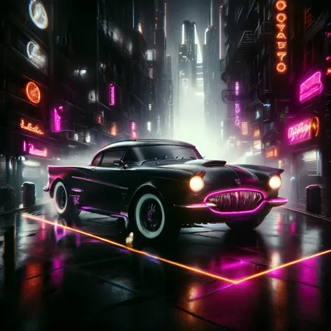cinematic film still front view of a car parked in the city, feminine curves on the vehicle,old Studebaker style, cyberpunk, noir, 1940s mad-neon-noir, masterpiece, best quality, ultra high res, (photorealistic, realistic:1.2), deep shadow, raw photo, film grain, Fujifilm XT3, 8k uhd, dslr ral-carbonfiber , shallow depth of field, vignette, highly detailed, high budget Hollywood film, cinemascope, moody, epic, gorgeous,