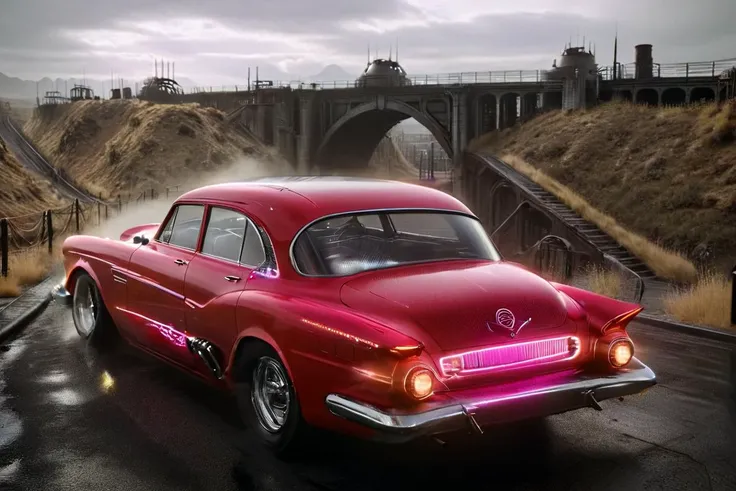 cinematic film still front view of a car parked in the city, feminine curves on the vehicle,old Studebaker style, cyberpunk, noir, 1940s mad-neon-noir, masterpiece, best quality, ultra high res, (photorealistic, realistic:1.2), deep shadow, raw photo, film grain, Fujifilm XT3, 8k uhd, dslr ral-carbonfiber , shallow depth of field, vignette, highly detailed, high budget Hollywood film, cinemascope, moody, epic, gorgeous,