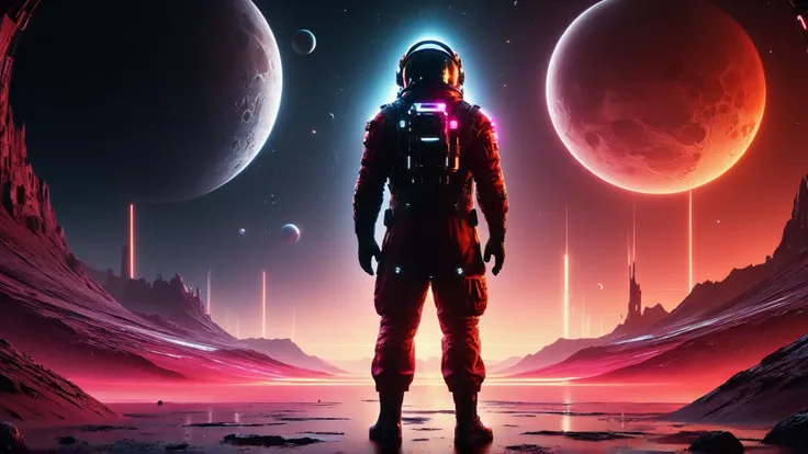 (masterpiece,best quality,ultra-detailed), Realistic depiction of an astronaut in a stylish jumpsuit standing on a barren planet with a red sky and many moons, highly detailed costume design (long shot), sci-fi elements, bright colors, RAW photo, (high detailed skin:1.2), 8k uhd, dslr, soft lighting, high quality, film grain, Fujifilm XT3, ultra quality, ultra detailed, epic realistic, <lora:Neon_Noir_SDXL:1>, mad-neon-noir, cyberpunk, noir