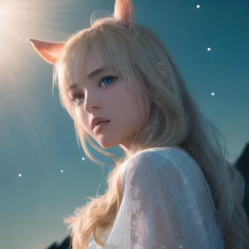best quality ,masterpiece, illustration, an extremely delicate and beautiful, extremely detailed ,CG ,unity ,8k wallpaper, Amazing, finely detail, masterpiece,best quality,official art,extremely detailed CG unity 8k wallpaper,dynamic angle, floating, frills, painting, depth of field, Depth of field,nature,detailed light, cinematic lighting, lens flare, light leaks, sunlight , shine , beautiful detailed glow,absurdres, incredibly absurdres, huge filesize , ultra-detailed, highres, extremely detailed,solo,1girl,looking at viewer,Low angle,spoken blush,art of light novel,Long shot,backlighting,cinematic lighting,scenery,full moon,starry sky,sea,<lora:nearlEX2:1>