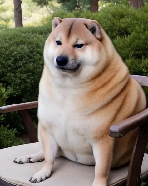 <lora:Round_animal:.8> a cinematic portrait of fat rotund, circular, round animal, cheems shiba inu outdoors sitting on a chair <lora:Cheems_50_2-000001:.8>