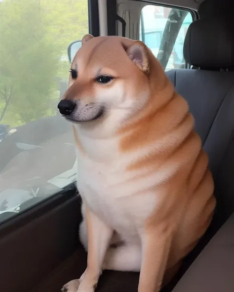 <lora:Cheems_50_2-000001:.9> cheems sitting in the front seat of a car at the drive thru of mcdonalds