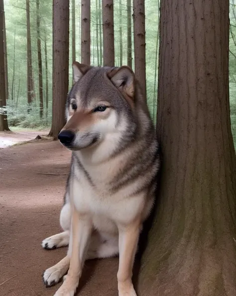 <lora:Cheems_50_2-000001:1> a grey wolf sitting next to a tree in a European forest