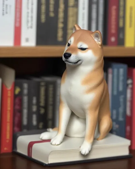 <lora:Cheems_50_2-000001:.85> a figma toy figurine model of shiba inu sitting on a book shelf next to a novel