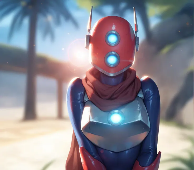 score_9, score_8_up, score_7_up, score_6_up, digital media \(artwork\), humanoid, mammal, robot, robot humanoid, female, solo, 1girl, breasts, helmet, [[[[[blue]]]]] bodysuit, scarf, armor, gloves, breastplate, standing, looking at viewer, unusual eyes, helmet, antennae, glowing, athletic, portrait, bust portrait, close-up, red helmet, looking at viewer, lens flare, 
<lora:huntress_pdxl_:1>