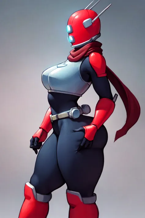 huntress, female, solo, standing, red boots, breasts, helmet, bodysuit, scarf, armor, gloves, thick thighs, hand on hip, belt, from side
