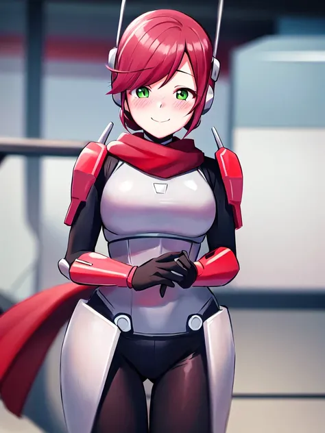 <lora:SakuraVRC:0.5>, SakuraVRC, masterpiece, best quality, depth of field, 1girl, solo, red hair, short hair, green eyes, blush, smile, closed mouth, huntress, <lora:huntressRiskOfRain_v1:1>