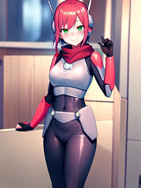 <lora:SakuraVRC:0.5>, SakuraVRC, masterpiece, best quality, depth of field, 1girl, solo, red hair, short hair, green eyes, blush, smile, closed mouth, huntress, <lora:huntressRiskOfRain_v1:1>