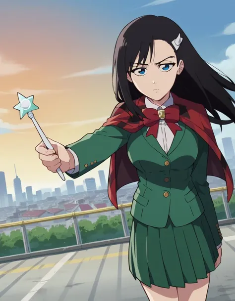score_9, score_8_up, score_7_up, source_anime,
noelniihashi, <lora:noel-niihashi-ponyxl-lora-nochekaiser:1>,
noel niihashi long hair, blue eyes, black hair, hair ornament, hairclip,
skirt, shirt, long sleeves, bow, school uniform, jacket, white shirt, pleated skirt, collared shirt, bowtie, red bow, plaid, capelet, blazer, green skirt, green jacket,
outdoors, cityscape, wand, fighting stance,
looking at viewer, cowboy shot, dutch angle,